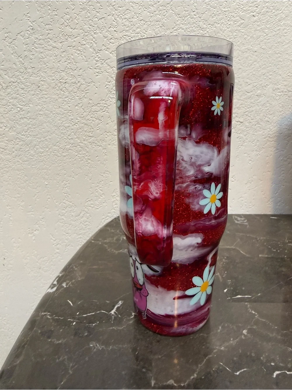 Courage the Cowardly Dog Red Marble Glitter Tumbler Cup 30 oz Handle Handmade